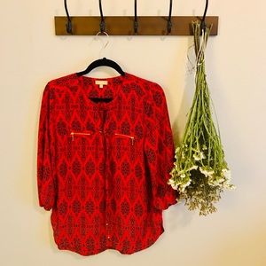 Red and Black Ornate Blouse with Gold Accents
